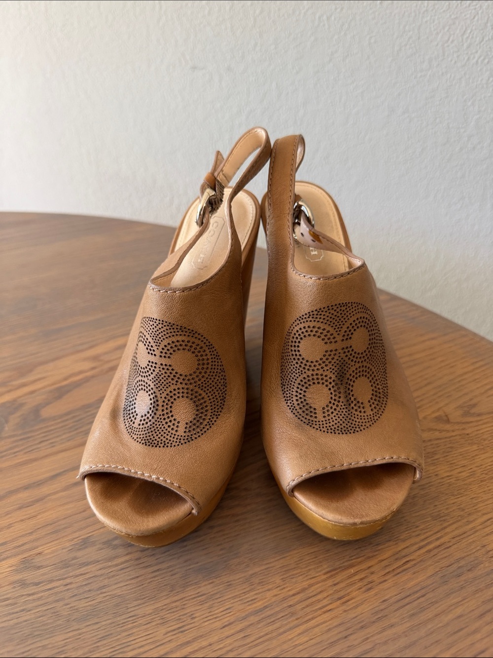 Coach Tan Leather Peep-Toe Slingback Platform Wedges